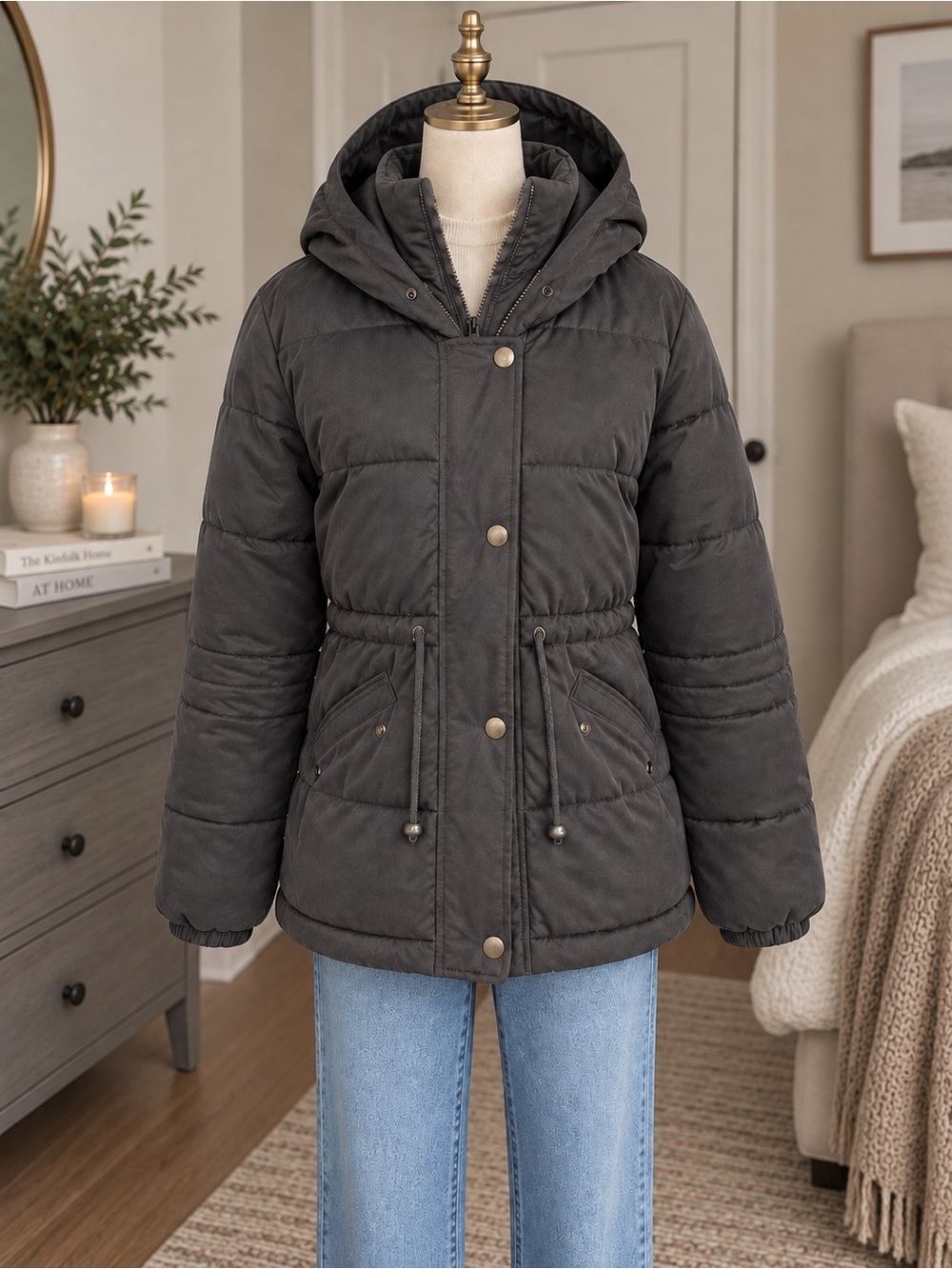 Hollister Charcoal Gray Hooded Puffer Jacket